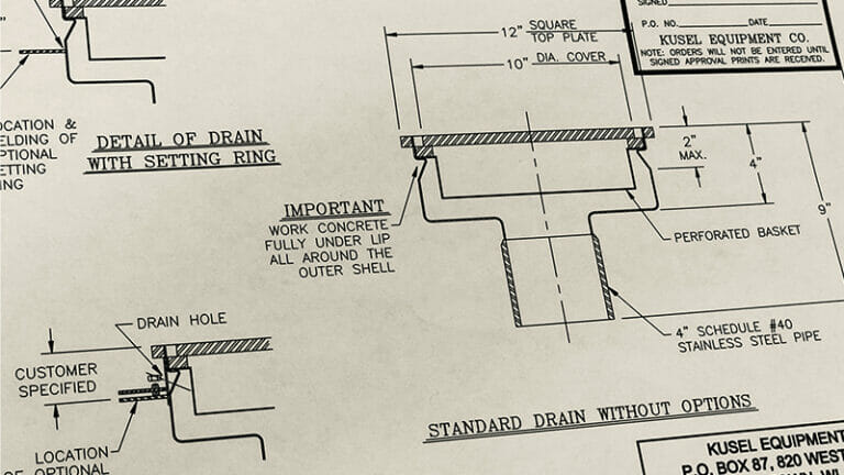 Detailed engineering drawing of a drain with specifications, including dimensions and construction notes.