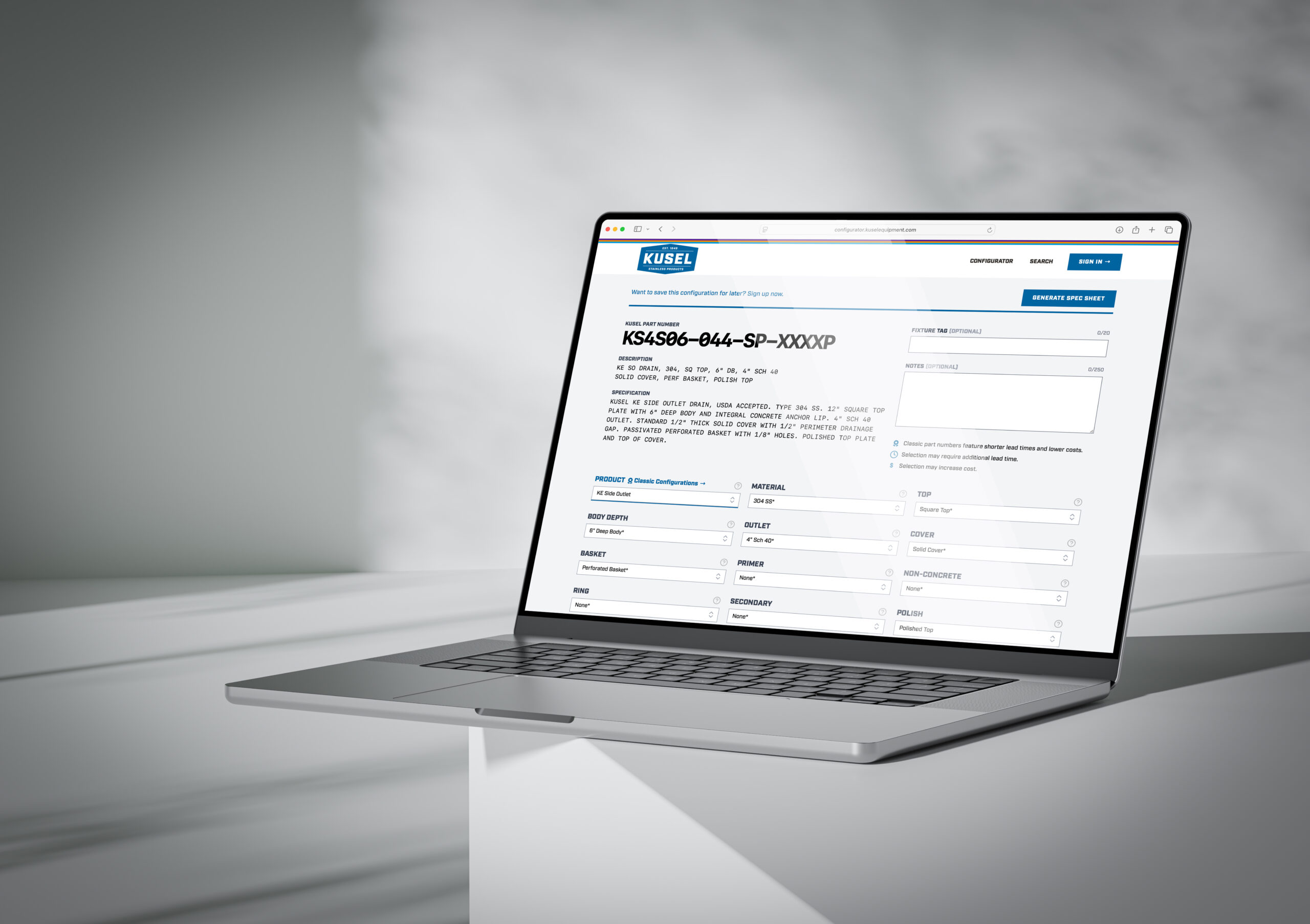 A laptop displaying the Kusel Drain Configurator webpage