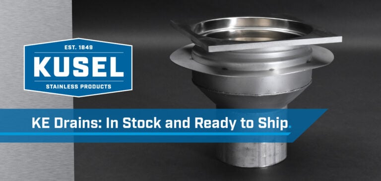 Kusel stainless steel drain with logo and text "KE Drains: In Stock and Ready to Ship."